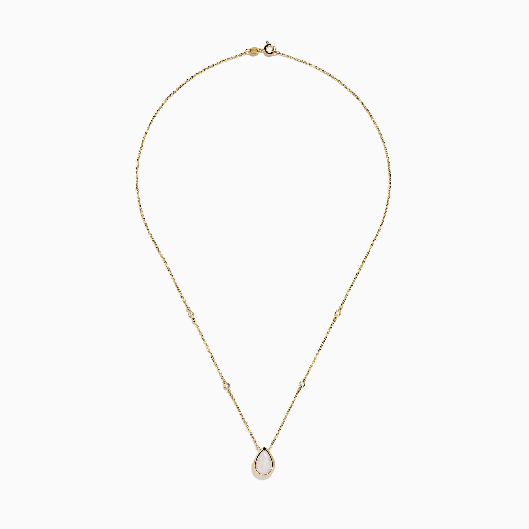 The Aurora 14K Yellow Gold Opal and Diamond Necklace showcases a teardrop opal pendant accented by two round diamonds, offering an elegant look with subtle diamond details.