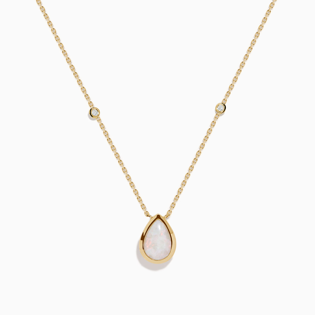 The Aurora 14K Yellow Gold Opal and Diamond Necklace showcases a teardrop opal pendant accented by two round diamonds, offering an elegant look with subtle diamond details.