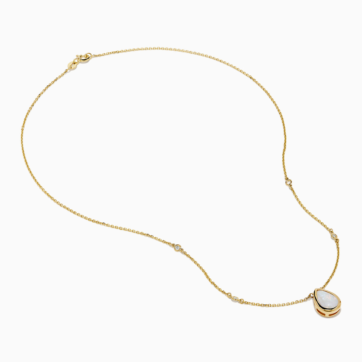 The Aurora 14K Yellow Gold Opal and Diamond Necklace showcases a teardrop opal pendant accented by two round diamonds, offering an elegant look with subtle diamond details.