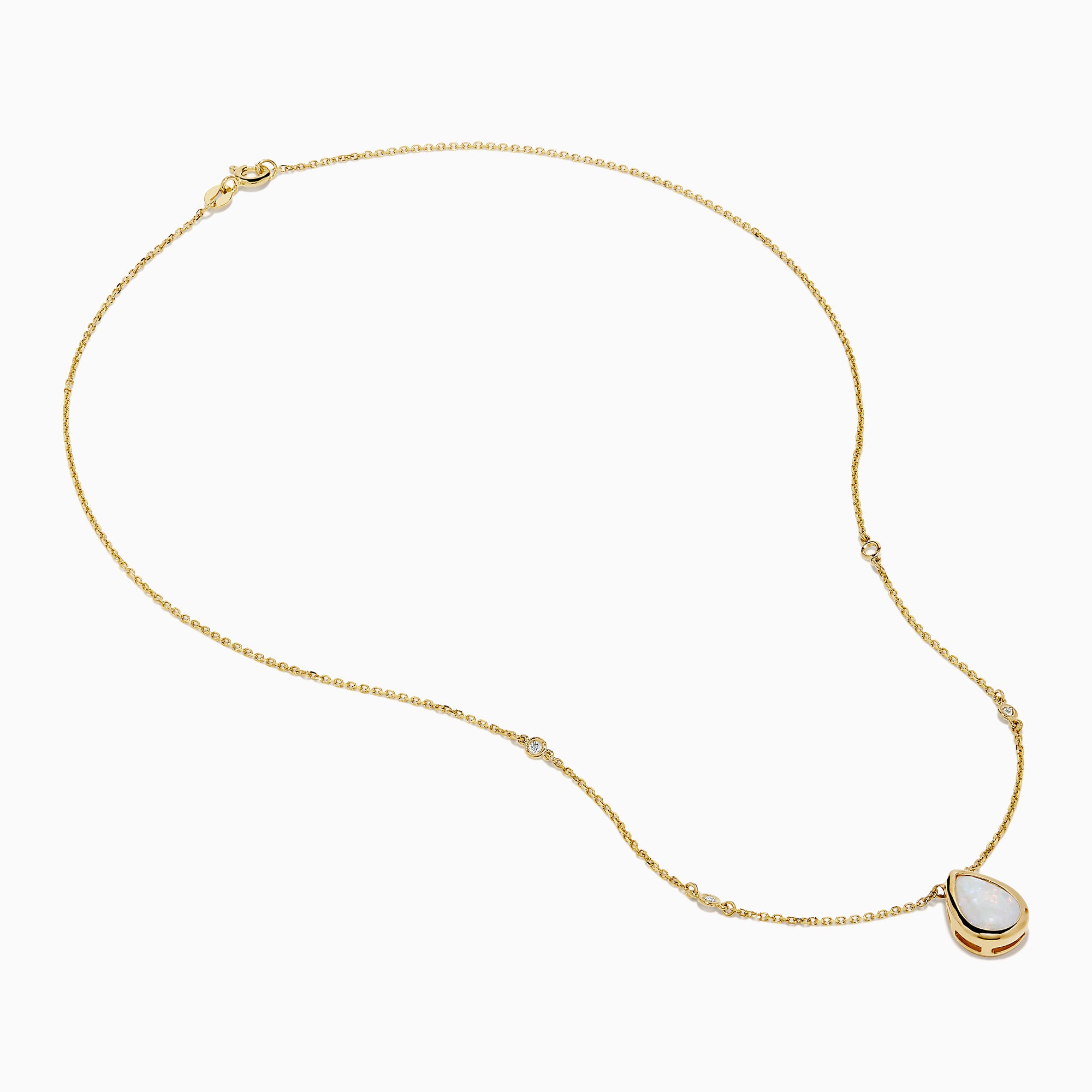 The Aurora 14K Yellow Gold Opal and Diamond Necklace showcases a teardrop opal pendant accented by two round diamonds, offering an elegant look with subtle diamond details.