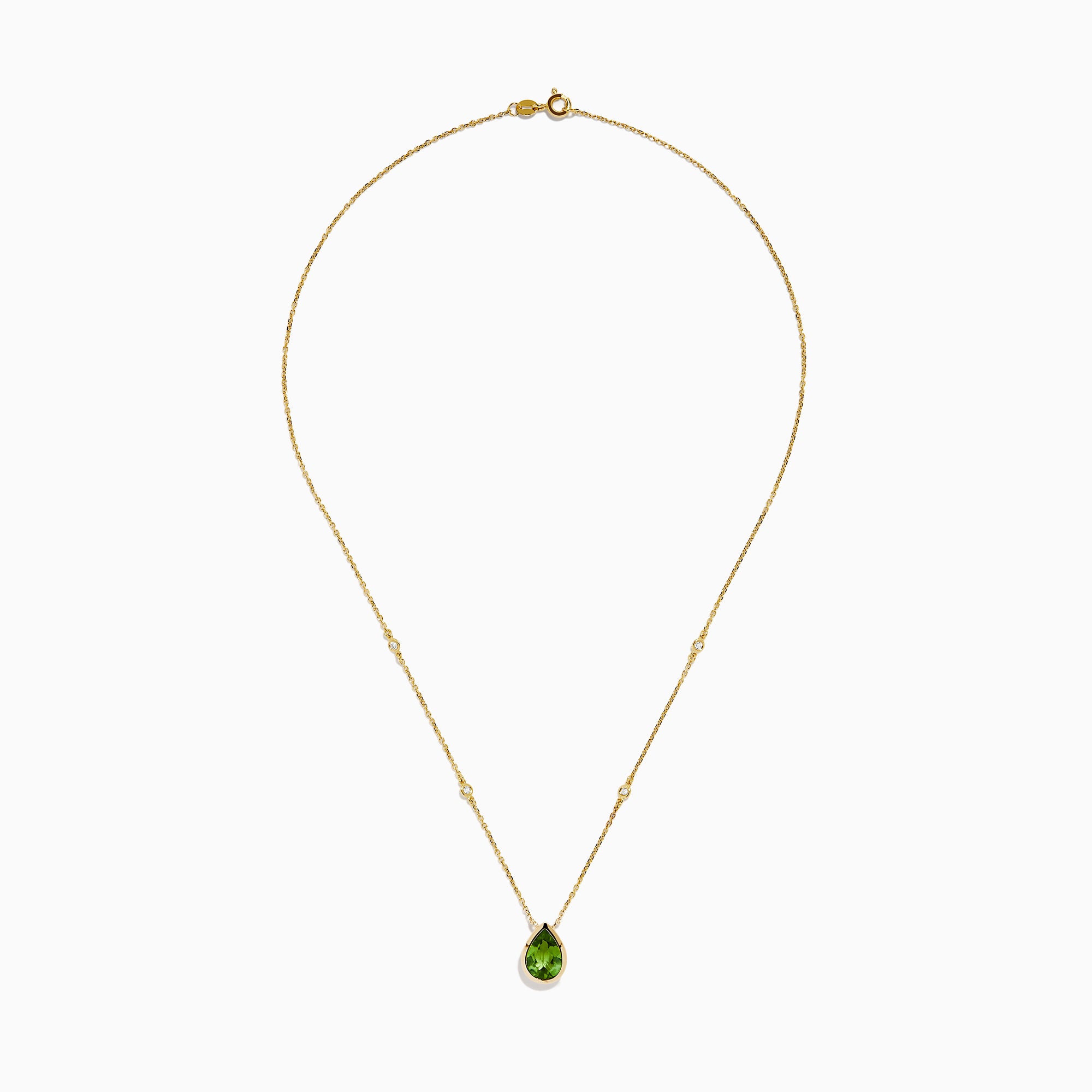 The 14K Yellow Gold Peridot and Diamond Necklace features a delicate gold chain with a teardrop-shaped green peridot pendant and two small round diamonds set along the chain.