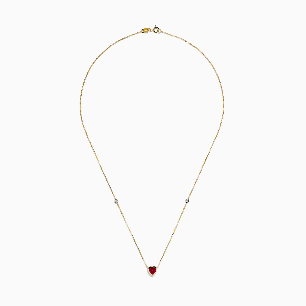 The Ruby Royale 14K Yellow Gold Ruby and Diamond Heart Necklace features a red heart-shaped pendant with a round diamond on each side, displayed on a white background.