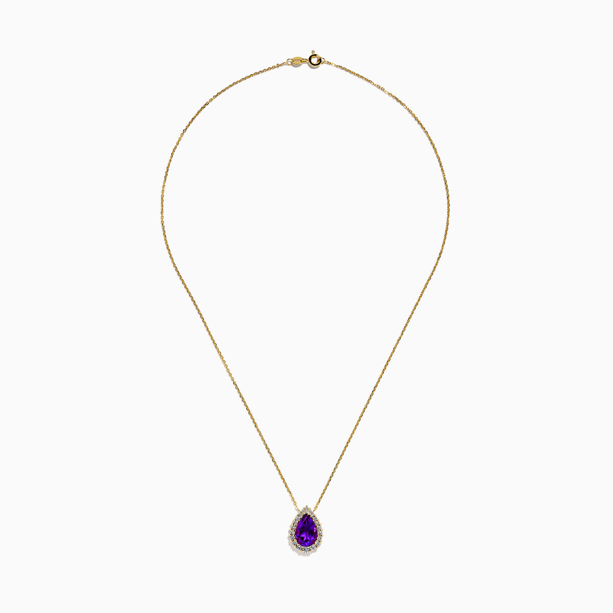 A 14K Yellow Gold Amethyst and Diamond Pear Pendant is shown against a white background, featuring a pear-shaped amethyst bordered by small round diamonds on a yellow gold chain.