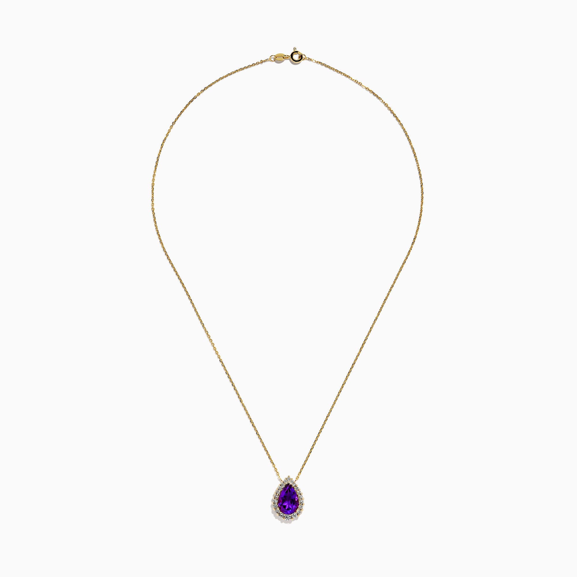 A 14K Yellow Gold Amethyst and Diamond Pear Pendant is shown against a white background, featuring a pear-shaped amethyst bordered by small round diamonds on a yellow gold chain.