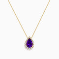 A 14K Yellow Gold Amethyst and Diamond Pear Pendant is shown against a white background, featuring a pear-shaped amethyst bordered by small round diamonds on a yellow gold chain.