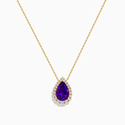 A 14K Yellow Gold Amethyst and Diamond Pear Pendant is shown against a white background, featuring a pear-shaped amethyst bordered by small round diamonds on a yellow gold chain.