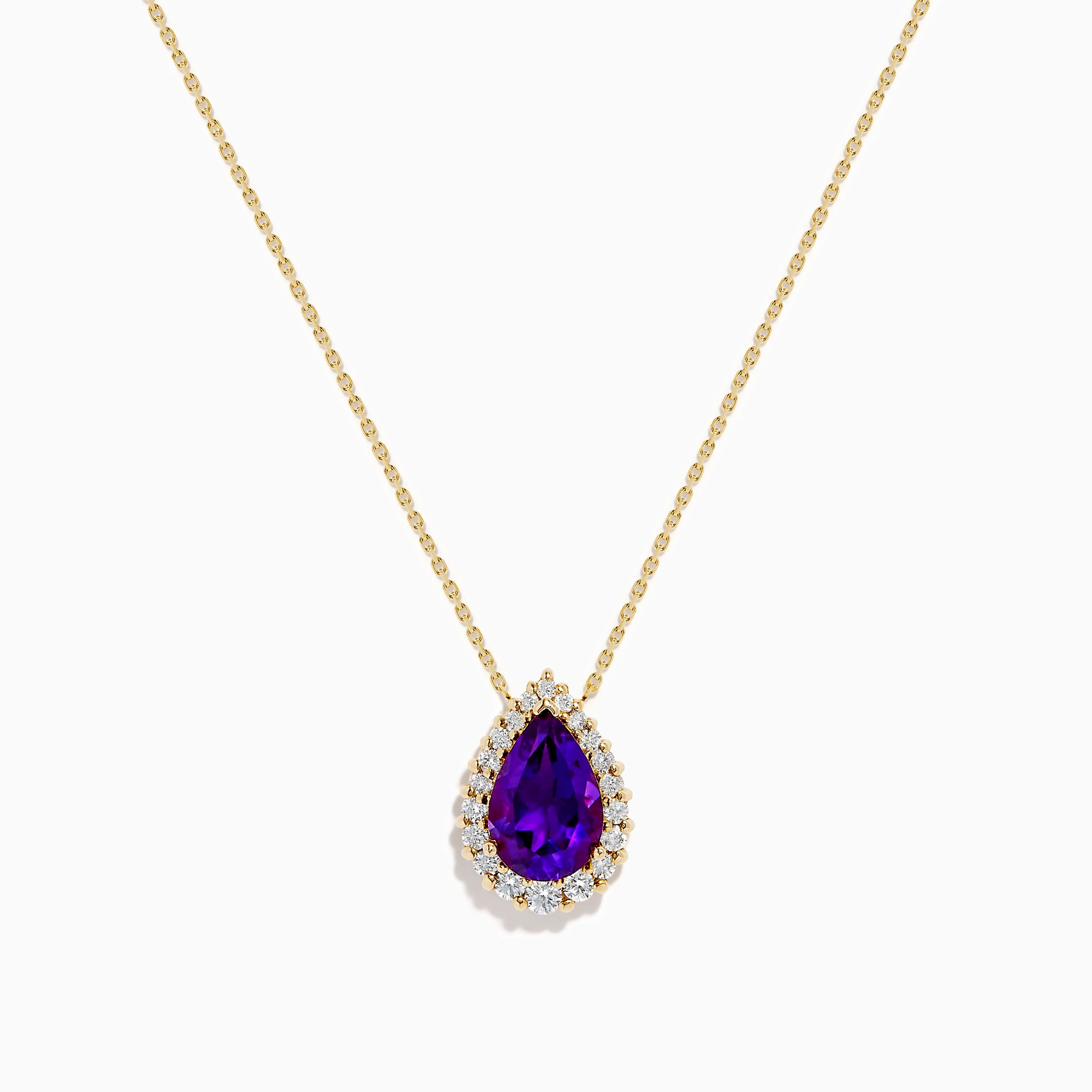 A 14K Yellow Gold Amethyst and Diamond Pear Pendant is shown against a white background, featuring a pear-shaped amethyst bordered by small round diamonds on a yellow gold chain.