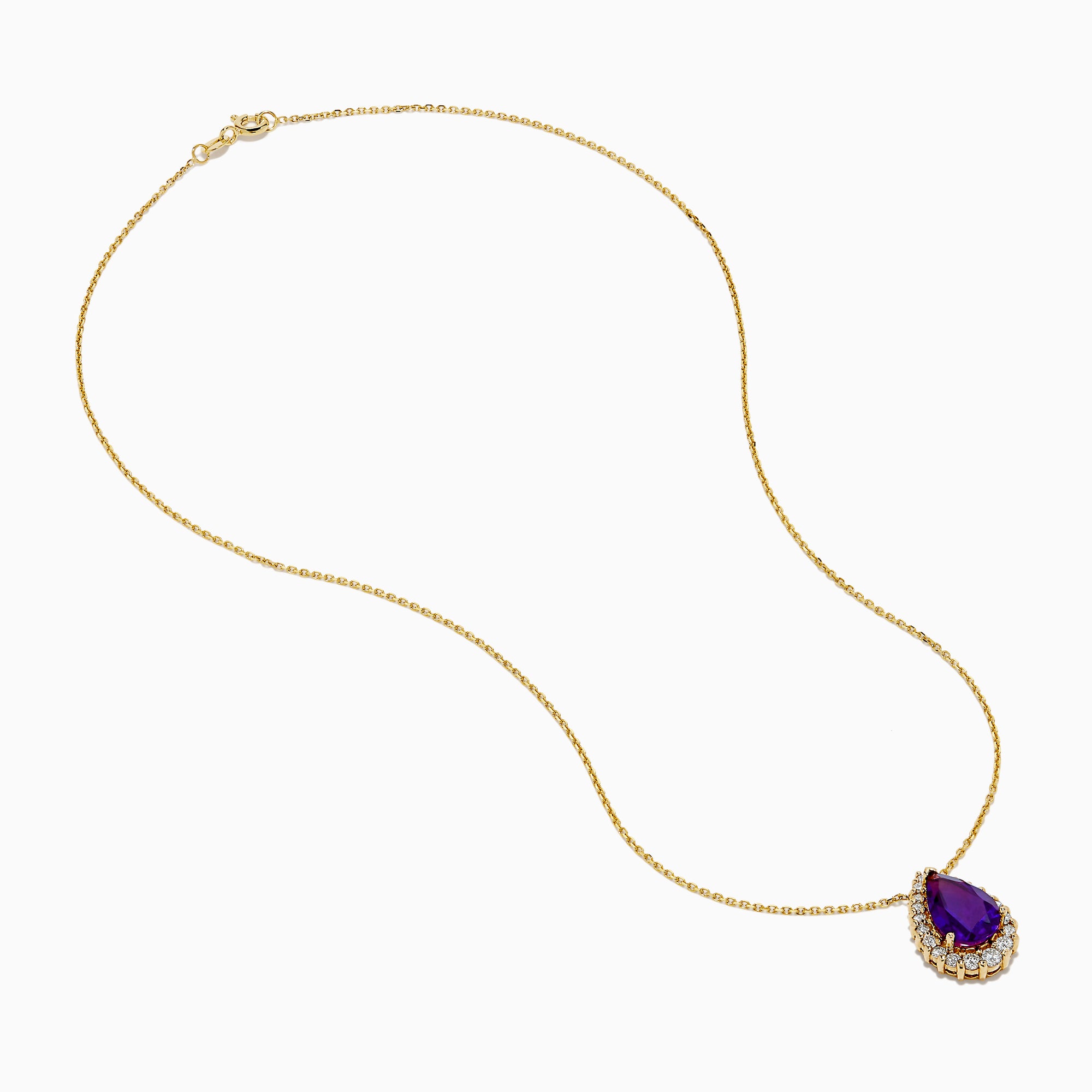 A 14K Yellow Gold Amethyst and Diamond Pear Pendant is shown against a white background, featuring a pear-shaped amethyst bordered by small round diamonds on a yellow gold chain.