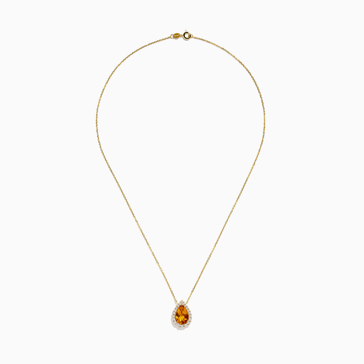 The Sunset 14K Yellow Gold Citrine and Diamond Pear Pendant features a pear-shaped citrine surrounded by sparkling diamonds on a yellow gold chain, displayed against a white background.