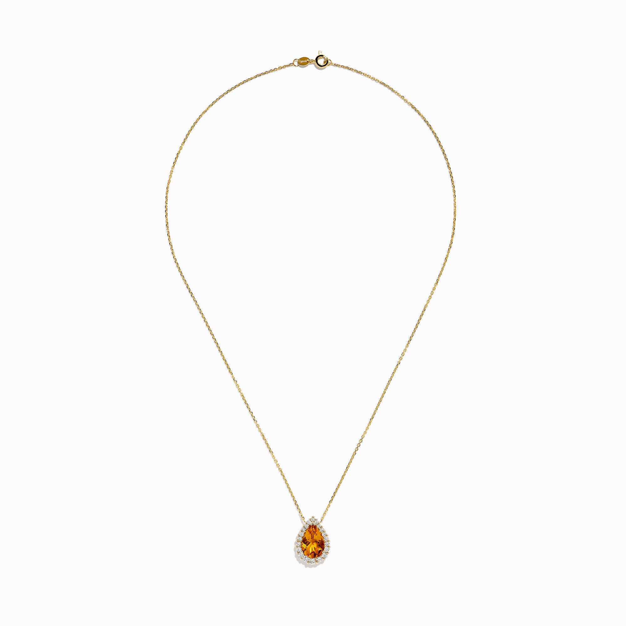 The Sunset 14K Yellow Gold Citrine and Diamond Pear Pendant features a pear-shaped citrine surrounded by sparkling diamonds on a yellow gold chain, displayed against a white background.