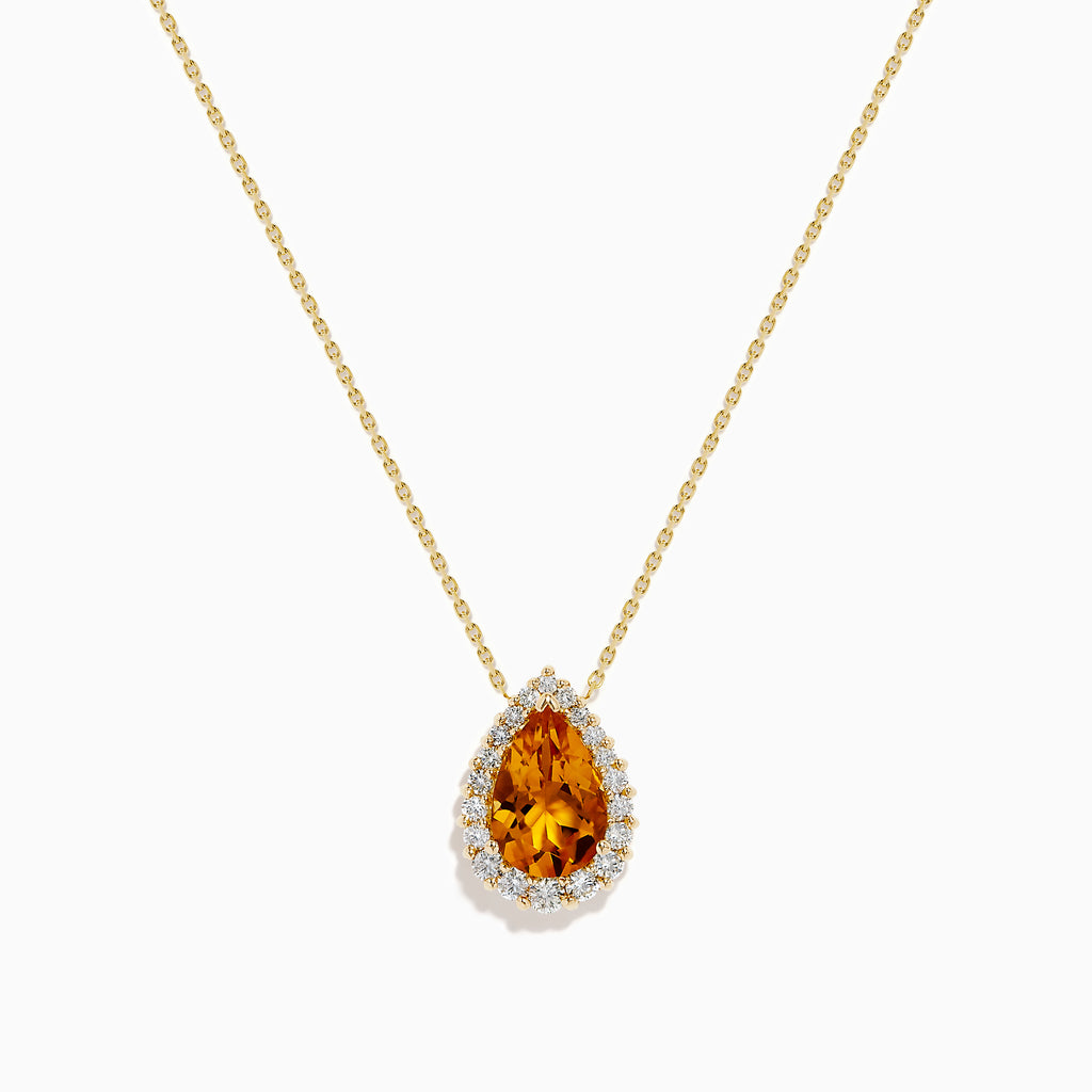 The Sunset 14K Yellow Gold Citrine and Diamond Pear Pendant features a pear-shaped citrine surrounded by sparkling diamonds on a yellow gold chain, displayed against a white background.