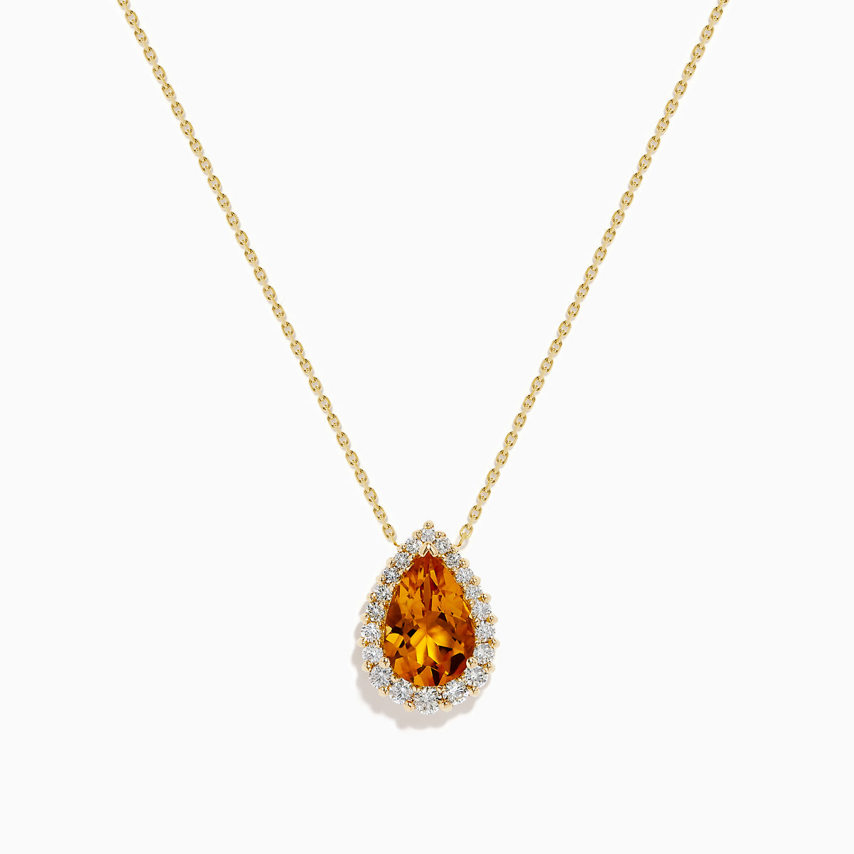 The Sunset 14K Yellow Gold Citrine and Diamond Pear Pendant features a pear-shaped citrine surrounded by sparkling diamonds on a yellow gold chain, displayed against a white background.