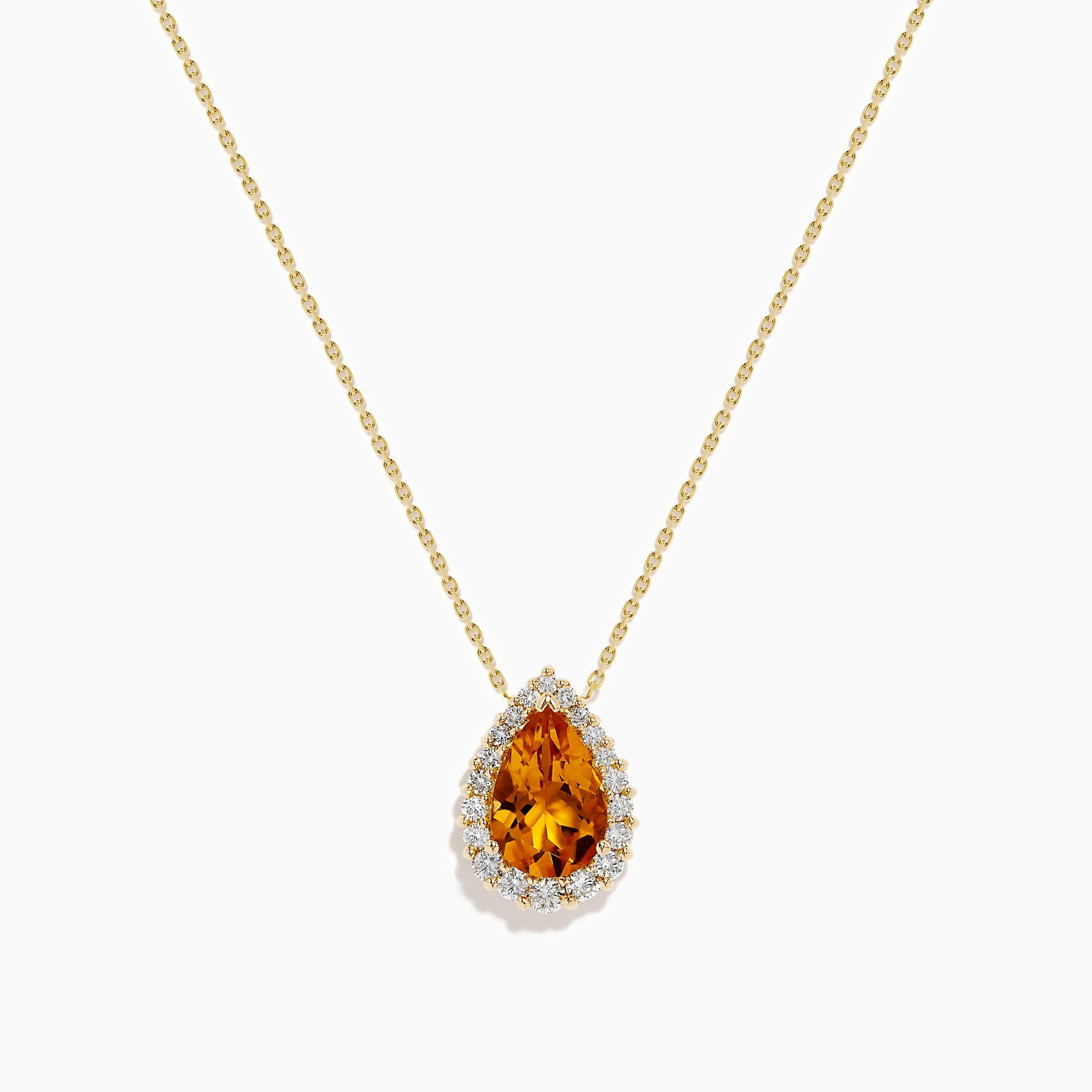 The Sunset 14K Yellow Gold Citrine and Diamond Pear Pendant features a pear-shaped citrine surrounded by sparkling diamonds on a yellow gold chain, displayed against a white background.
