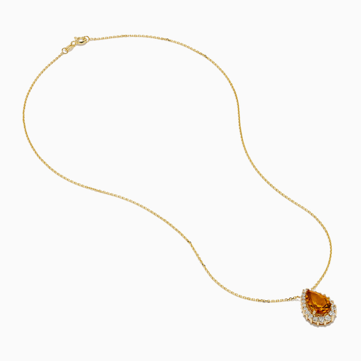 The Sunset 14K Yellow Gold Citrine and Diamond Pear Pendant features a pear-shaped citrine surrounded by sparkling diamonds on a yellow gold chain, displayed against a white background.