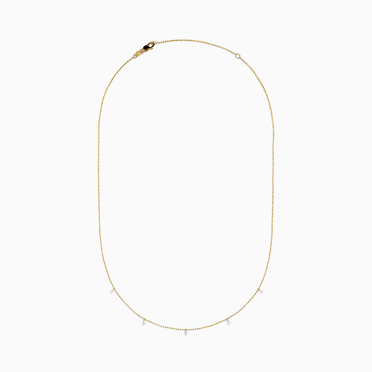 The 14K Yellow Gold Floating Diamonds Beaded Chain Necklace features five small, evenly spaced clear gemstones on a delicate yellow gold chain.