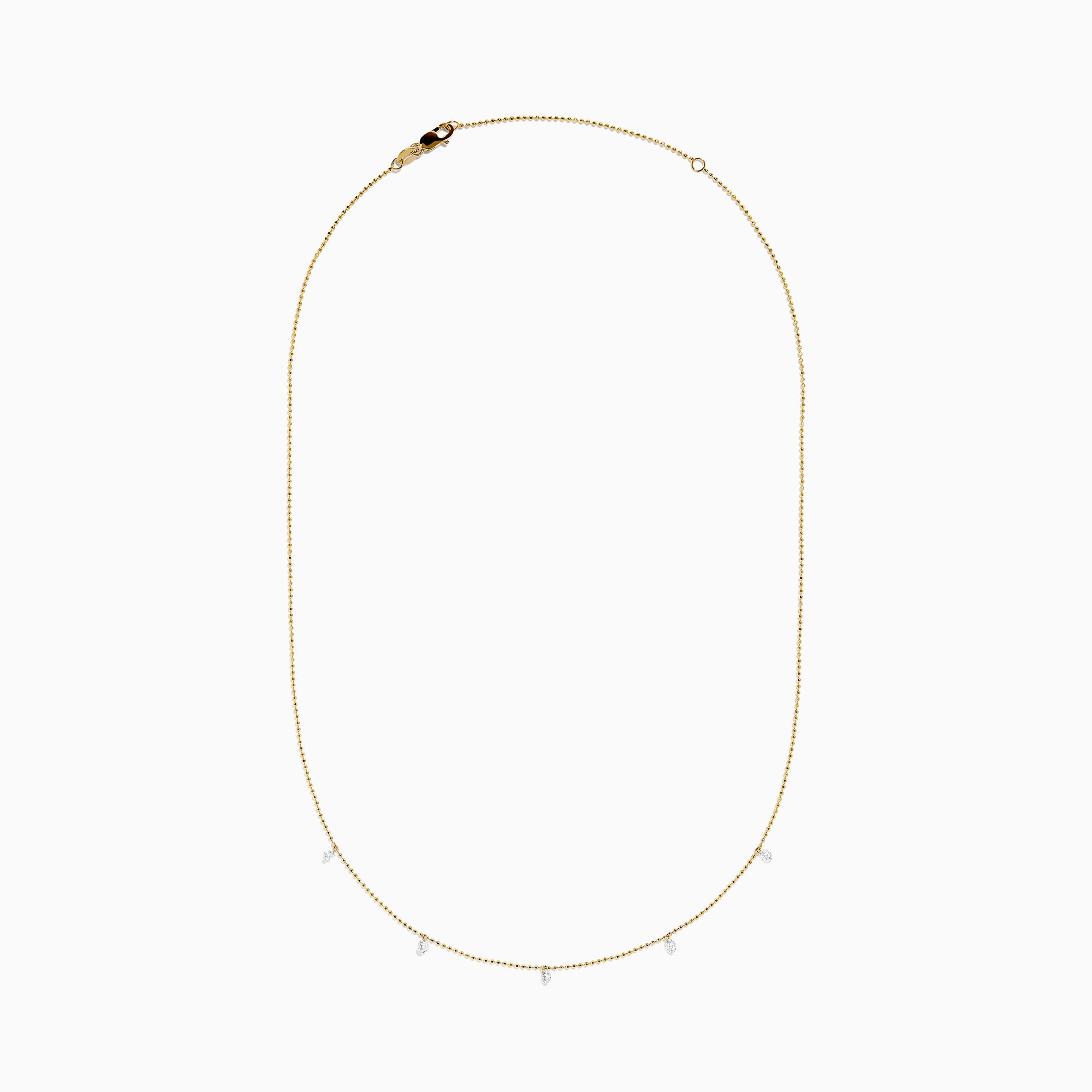 The 14K Yellow Gold Floating Diamonds Beaded Chain Necklace features five small, evenly spaced clear gemstones on a delicate yellow gold chain.