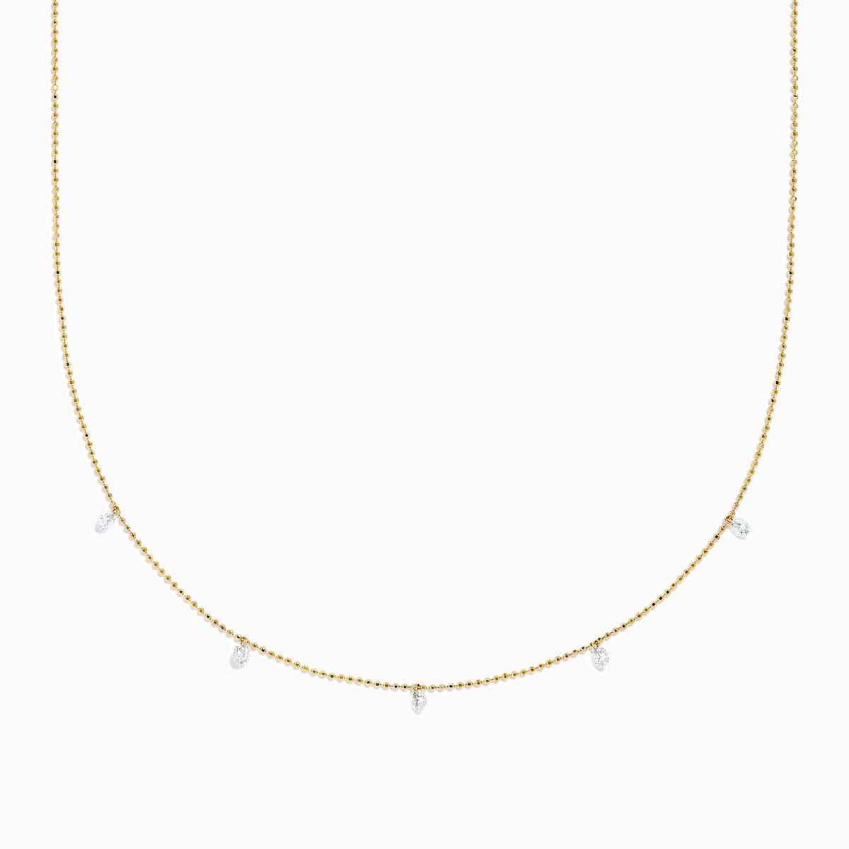 The 14K Yellow Gold Floating Diamonds Beaded Chain Necklace features five small, evenly spaced clear gemstones on a delicate yellow gold chain.