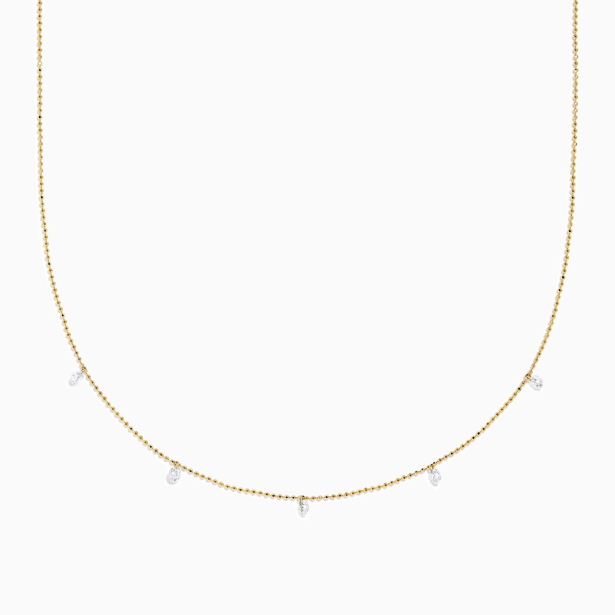 The 14K Yellow Gold Floating Diamonds Beaded Chain Necklace features five small, evenly spaced clear gemstones on a delicate yellow gold chain.
