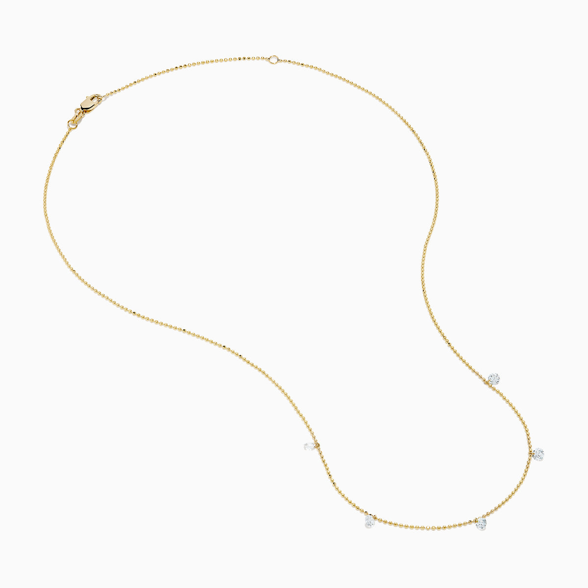 The 14K Yellow Gold Floating Diamonds Beaded Chain Necklace features five small, evenly spaced clear gemstones on a delicate yellow gold chain.