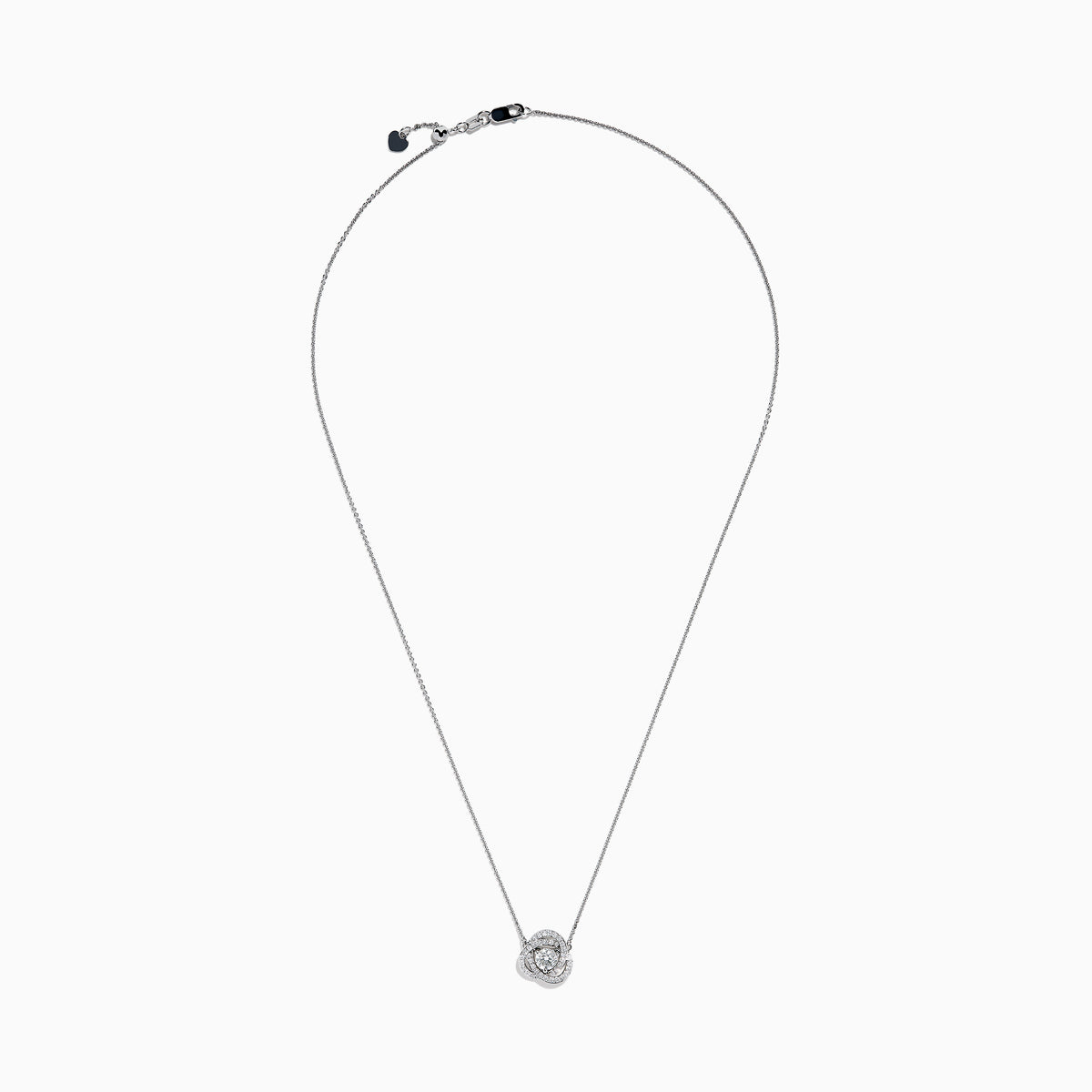 The 18K White Gold Diamond Love Knot Necklace features a central round diamond pendant encircled by intertwining loops of smaller diamonds in a stunning knot-inspired design.