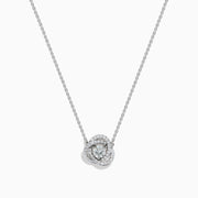 The 18K White Gold Diamond Love Knot Necklace features a central round diamond pendant encircled by intertwining loops of smaller diamonds in a stunning knot-inspired design.