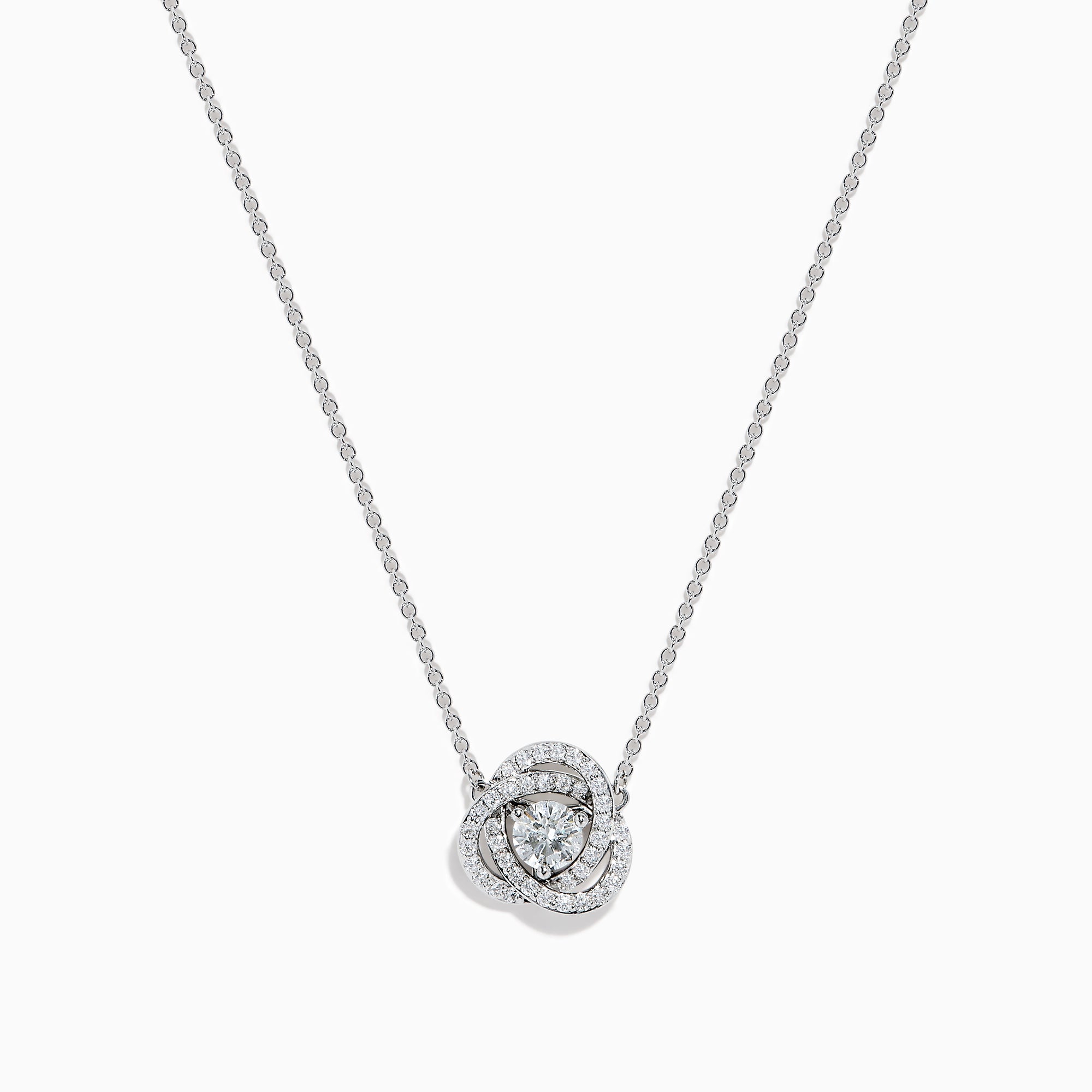 The 18K White Gold Diamond Love Knot Necklace features a central round diamond pendant encircled by intertwining loops of smaller diamonds in a stunning knot-inspired design.