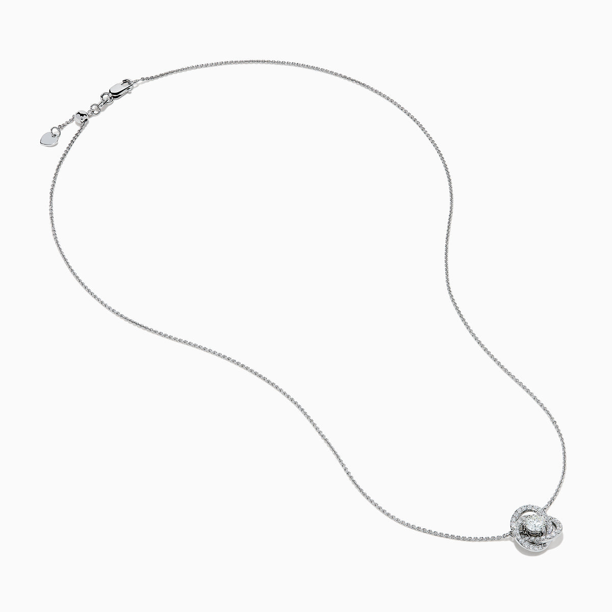 The 18K White Gold Diamond Love Knot Necklace features a central round diamond pendant encircled by intertwining loops of smaller diamonds in a stunning knot-inspired design.