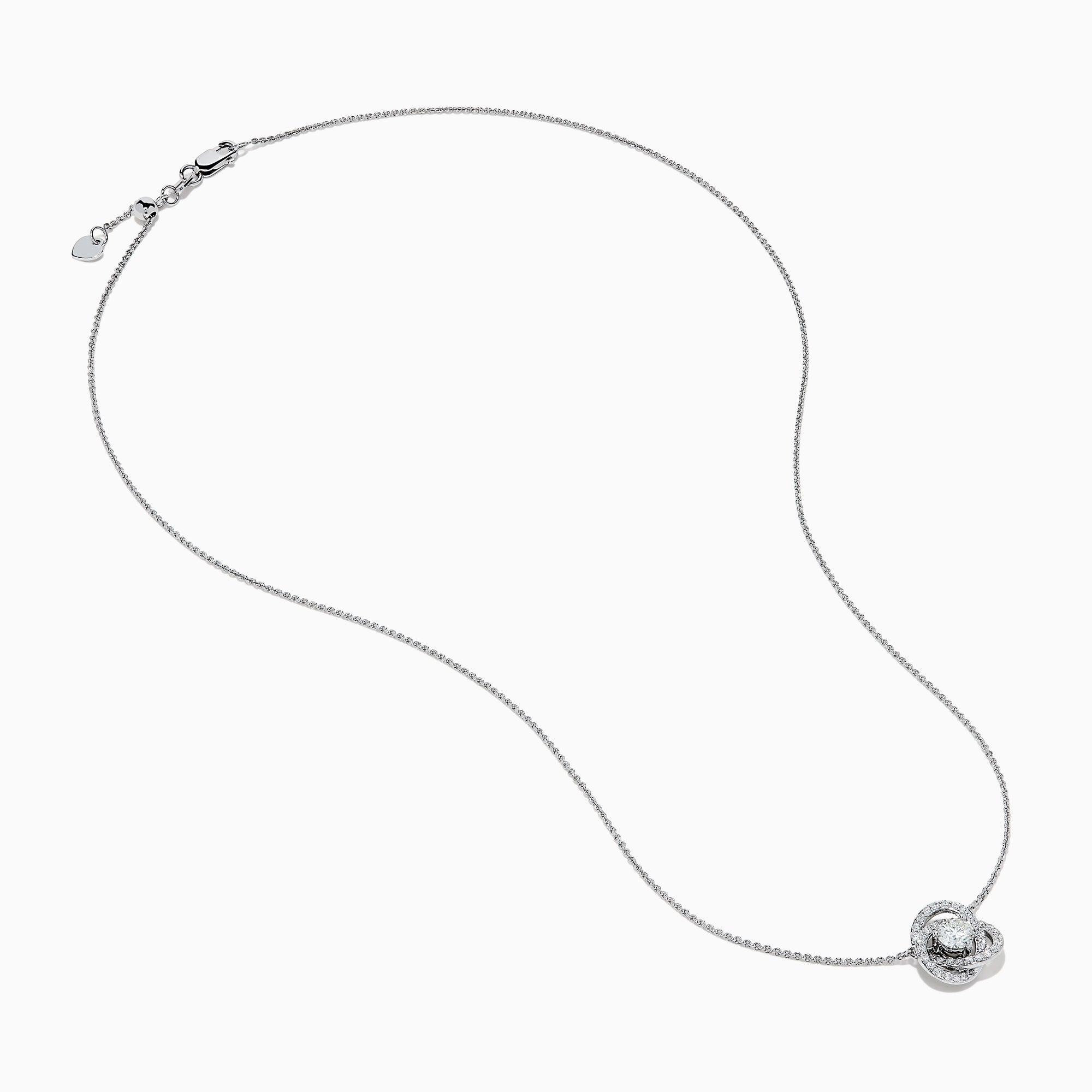 The 18K White Gold Diamond Love Knot Necklace features a central round diamond pendant encircled by intertwining loops of smaller diamonds in a stunning knot-inspired design.