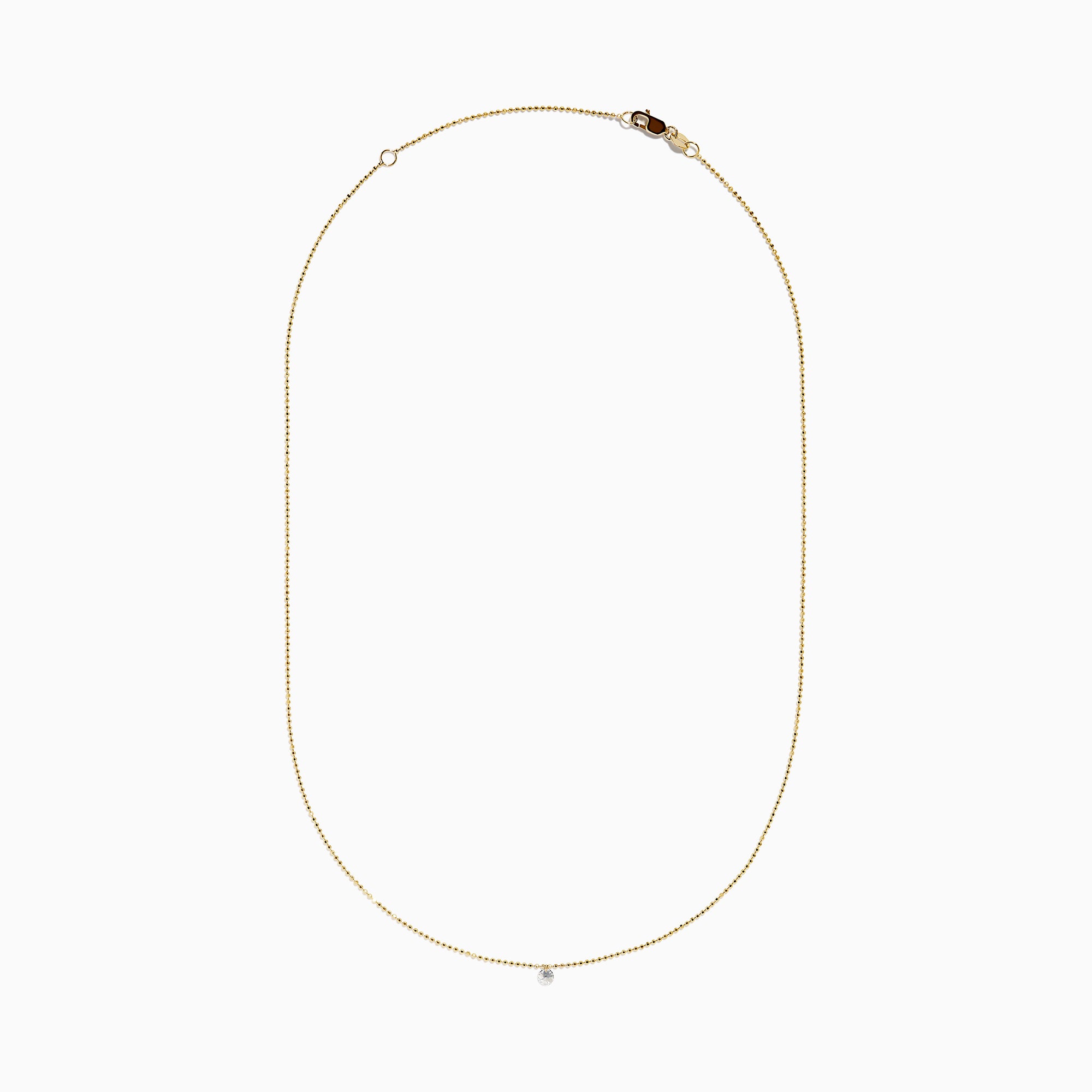 The 14K Yellow Gold Floating Diamond Solitaire Beaded Chain Necklace showcases a small round diamond pendant at the center, set against a plain white background.