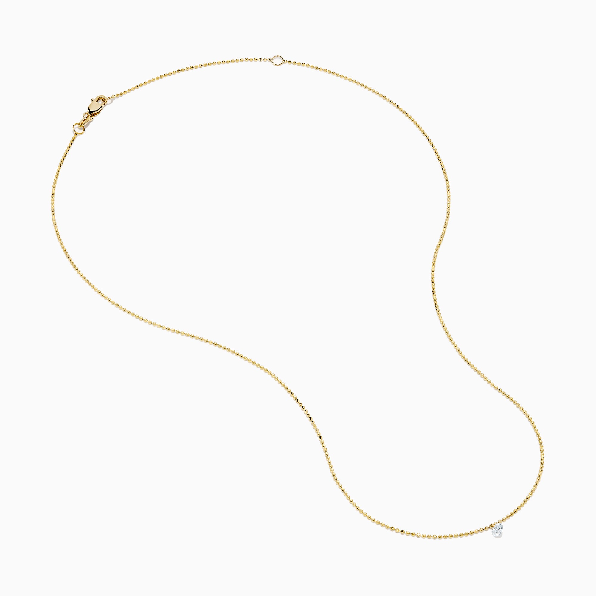 The 14K Yellow Gold Floating Diamond Solitaire Beaded Chain Necklace showcases a small round diamond pendant at the center, set against a plain white background.