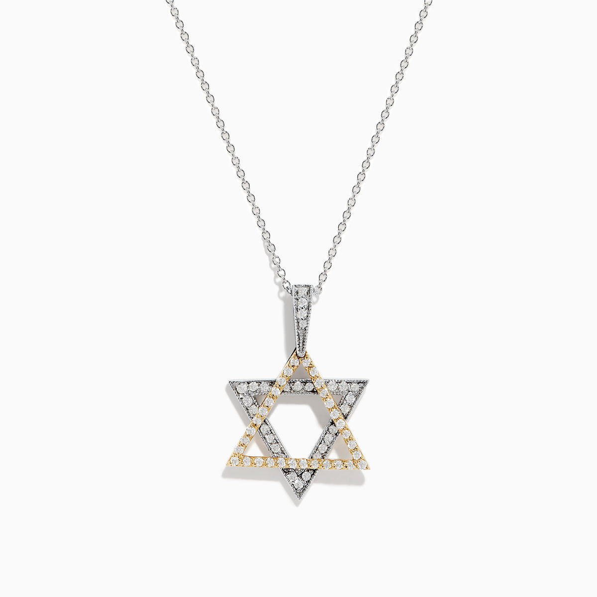 The Novelty 14K Two-Tone Gold Diamond Star of David Pendant, adorned with silver and gold stones, hangs from a delicate chain against a plain white background.