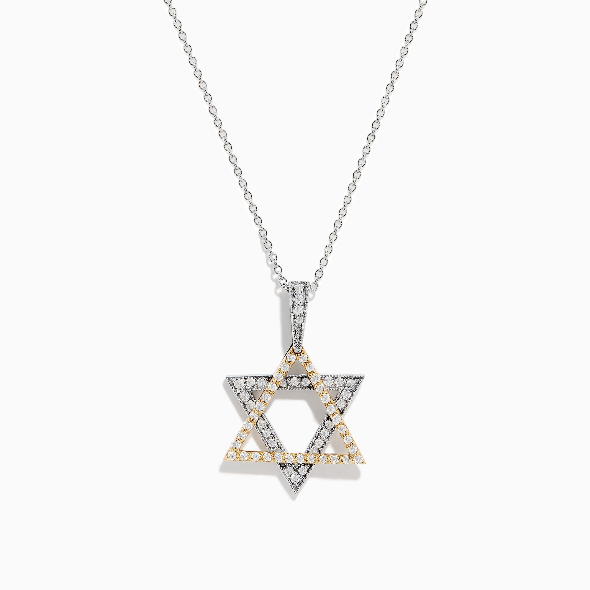 The Novelty 14K Two-Tone Gold Diamond Star of David Pendant, adorned with silver and gold stones, hangs from a delicate chain against a plain white background.