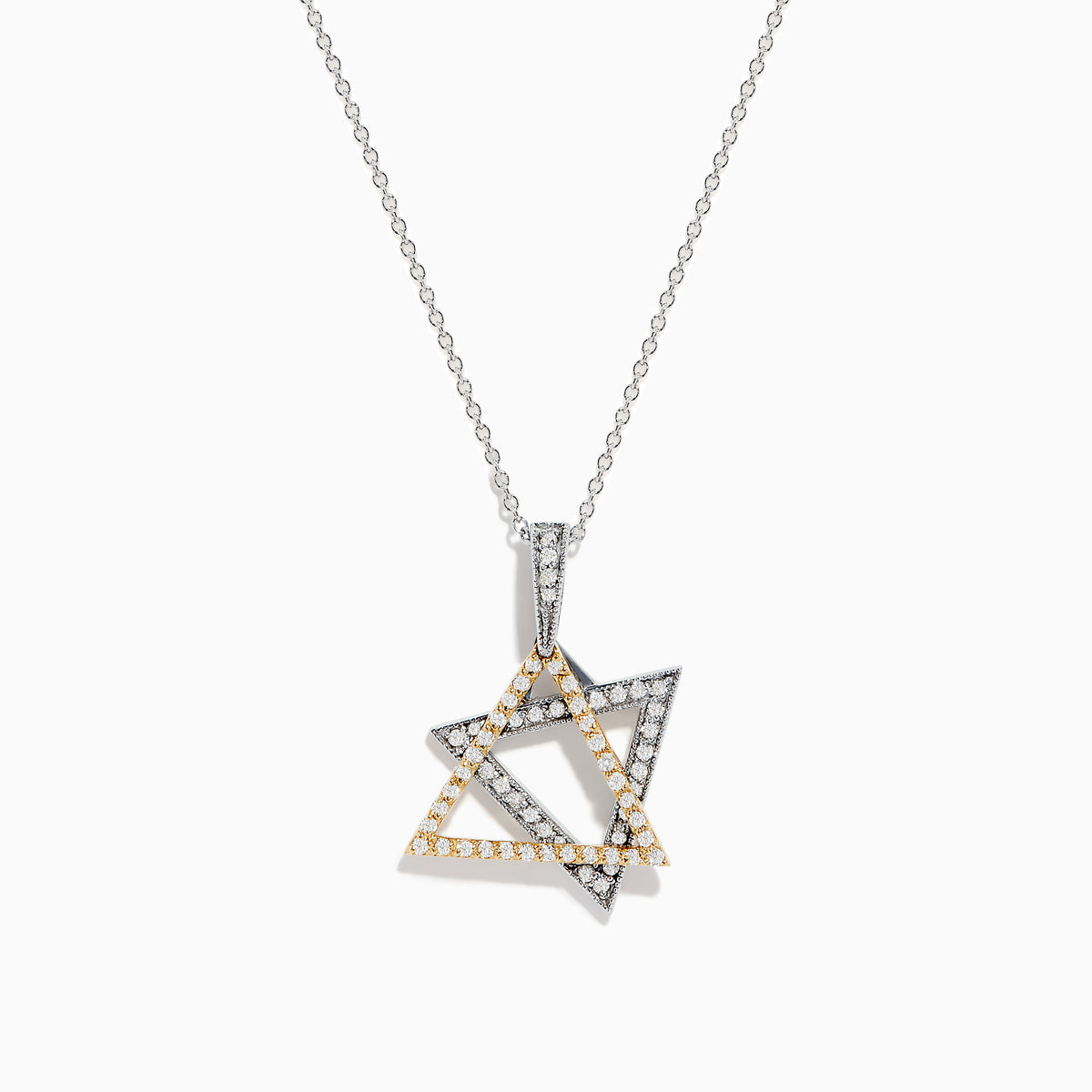 The Novelty 14K Two-Tone Gold Diamond Star of David Pendant, adorned with silver and gold stones, hangs from a delicate chain against a plain white background.
