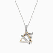 The Novelty 14K Two-Tone Gold Diamond Star of David Pendant, adorned with silver and gold stones, hangs from a delicate chain against a plain white background.