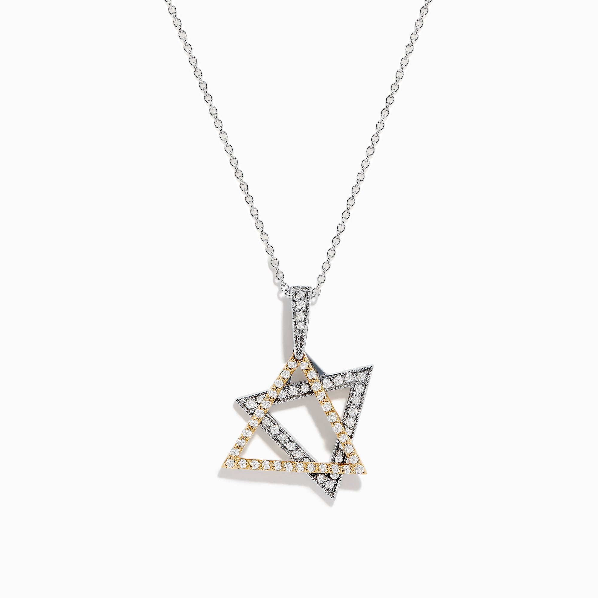 The Novelty 14K Two-Tone Gold Diamond Star of David Pendant, adorned with silver and gold stones, hangs from a delicate chain against a plain white background.