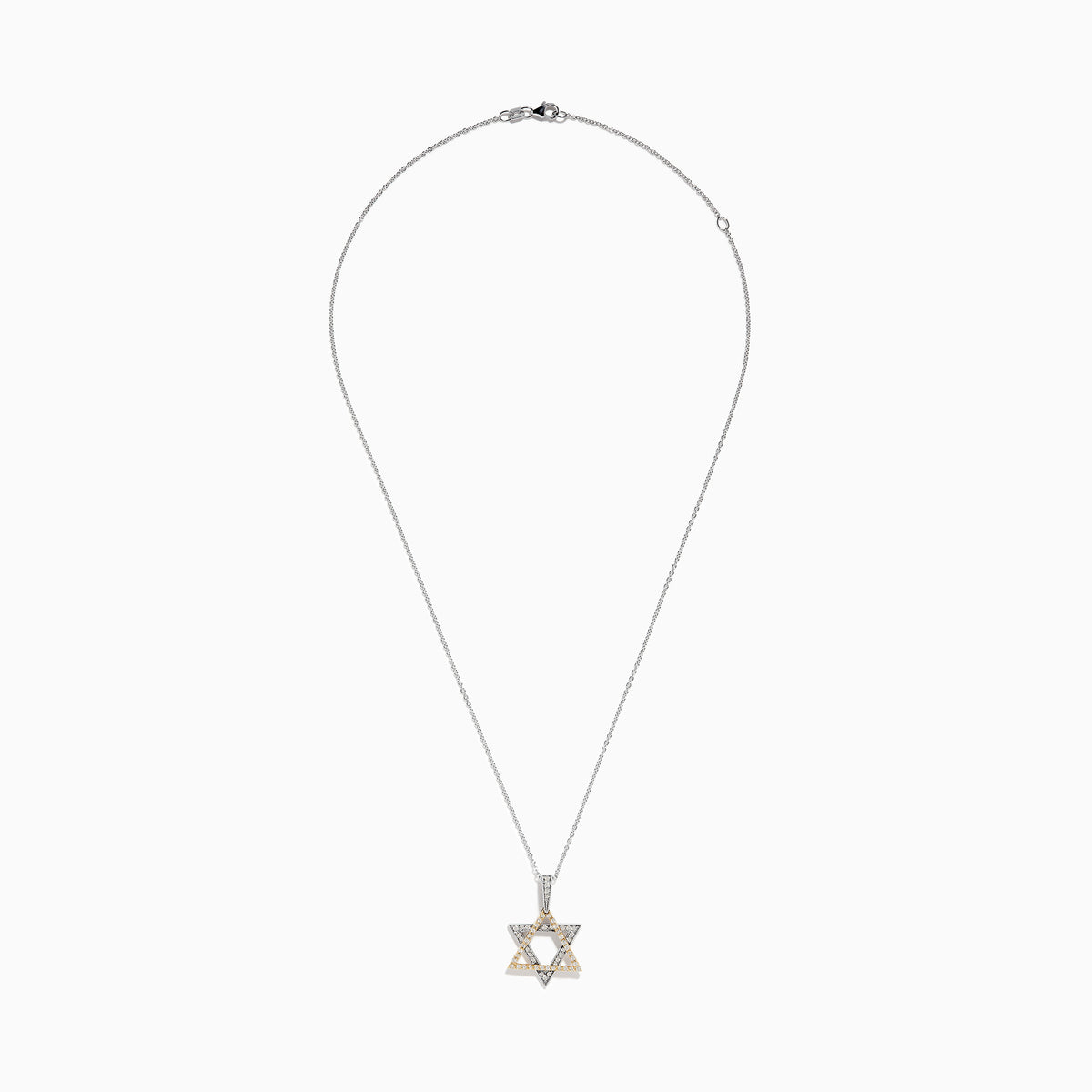 The Novelty 14K Two-Tone Gold Diamond Star of David Pendant, adorned with silver and gold stones, hangs from a delicate chain against a plain white background.