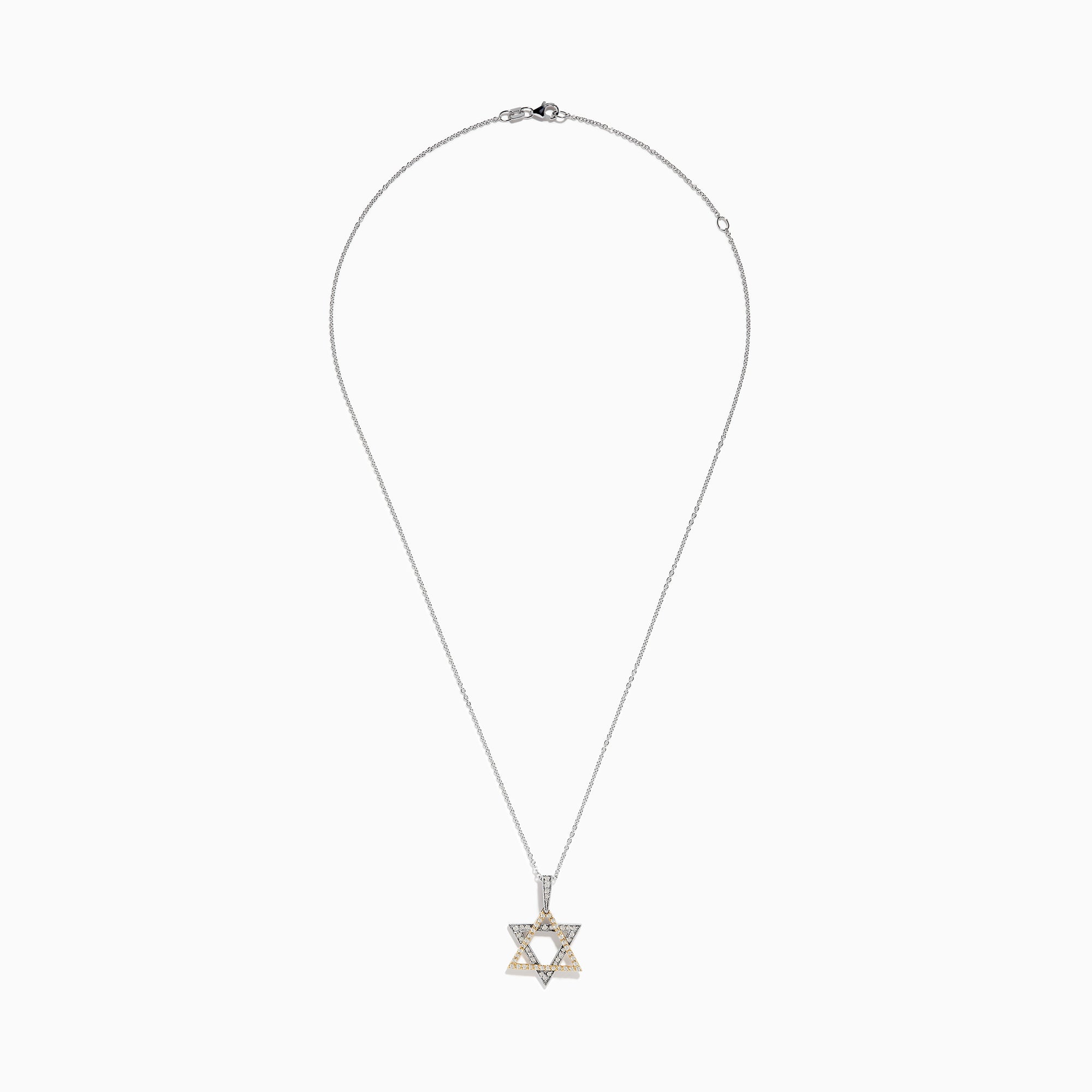 The Novelty 14K Two-Tone Gold Diamond Star of David Pendant, adorned with silver and gold stones, hangs from a delicate chain against a plain white background.