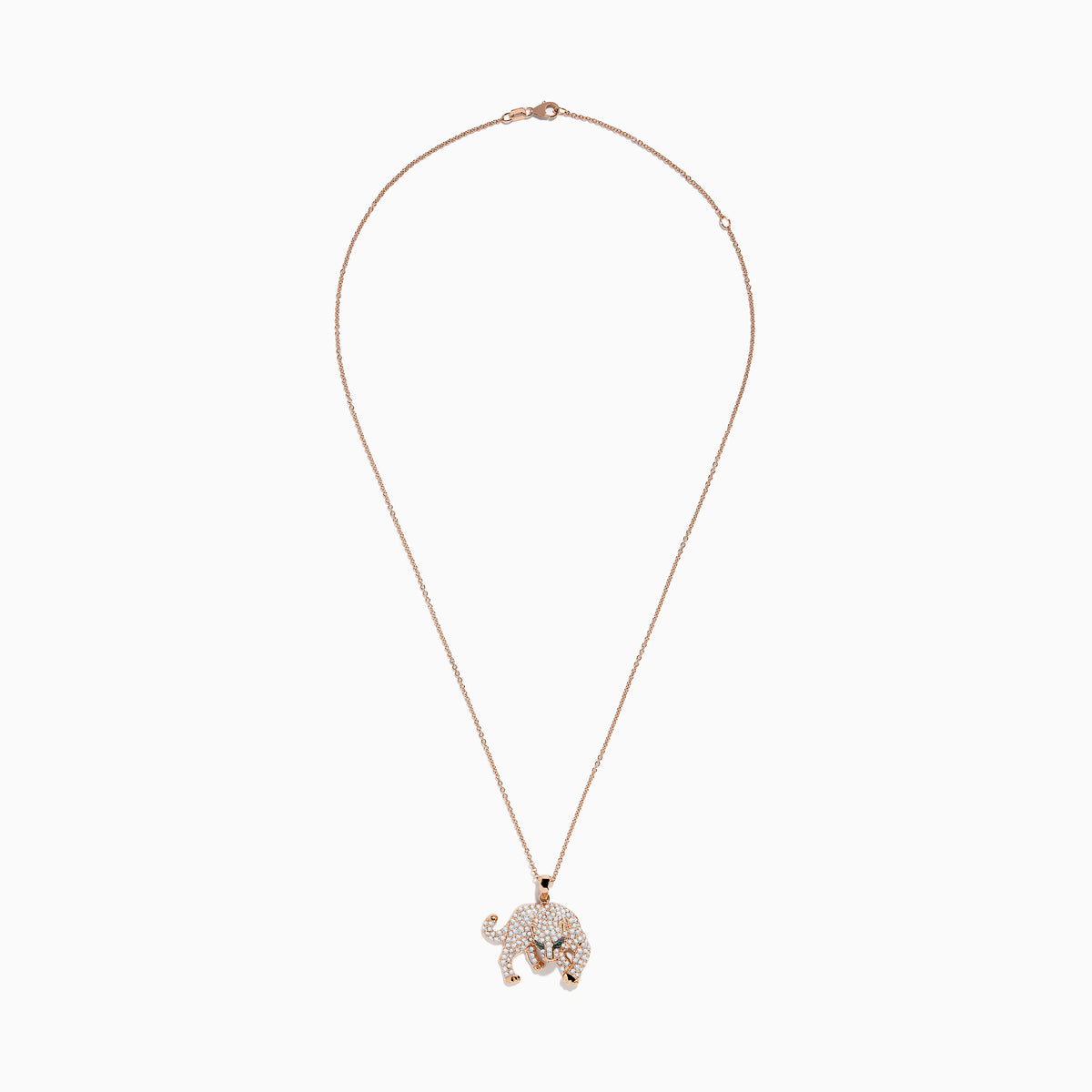 Signature 14K Rose Gold Diamond and Emerald Panther Pendant featuring a prowling panther with green eyes, black nose, and clear gemstone accents, shown on a white background.
