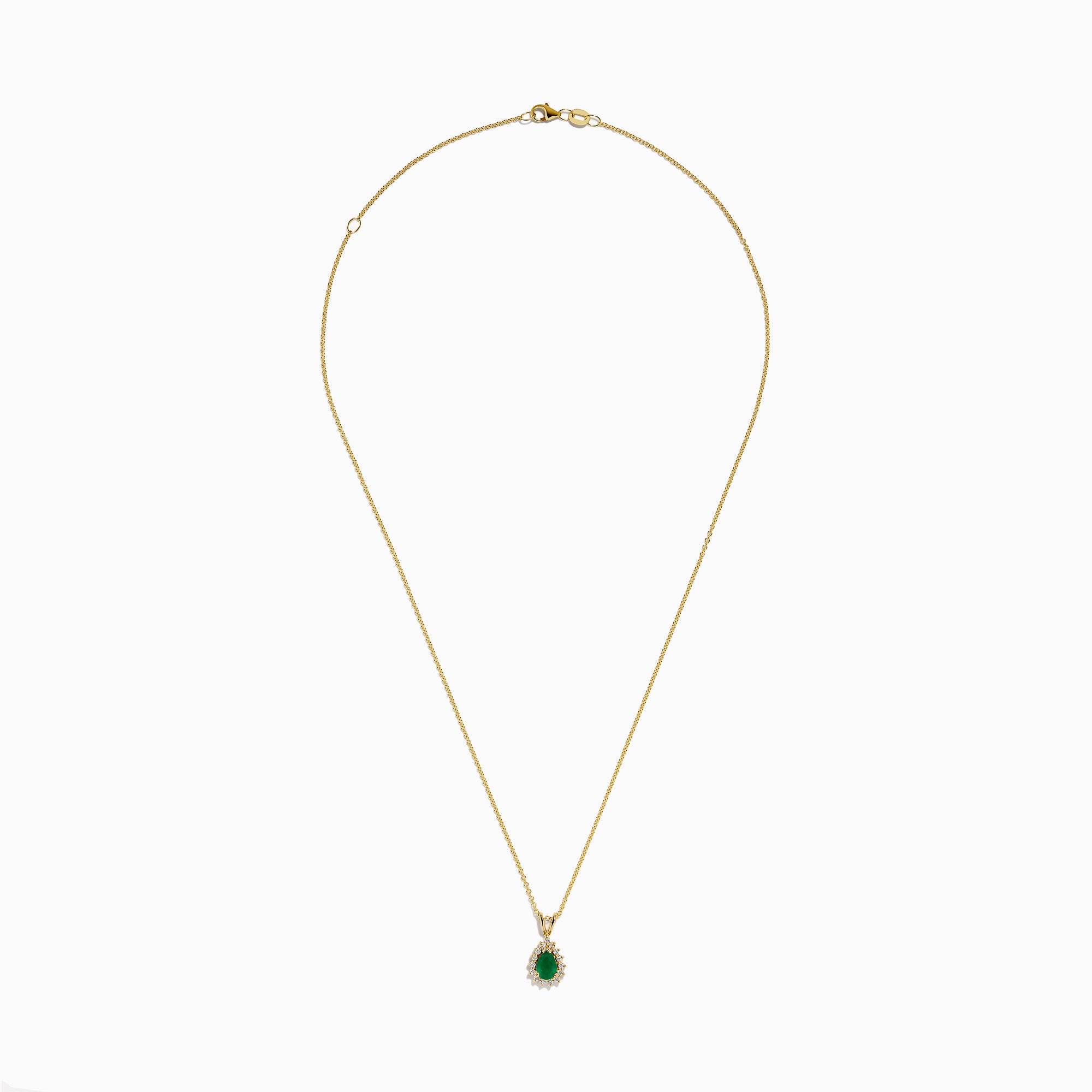 The 14K Yellow Gold Emerald and Diamond Pear Halo Pendant features an emerald teardrop surrounded by a diamond halo, set on a gold chain.