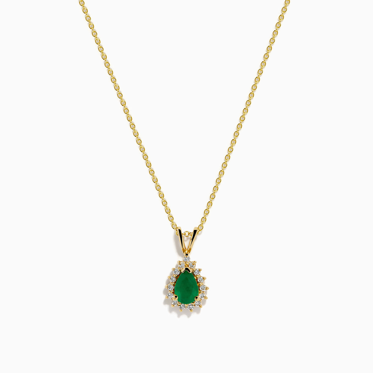 The 14K Yellow Gold Emerald and Diamond Pear Halo Pendant features an emerald teardrop surrounded by a diamond halo, set on a gold chain.