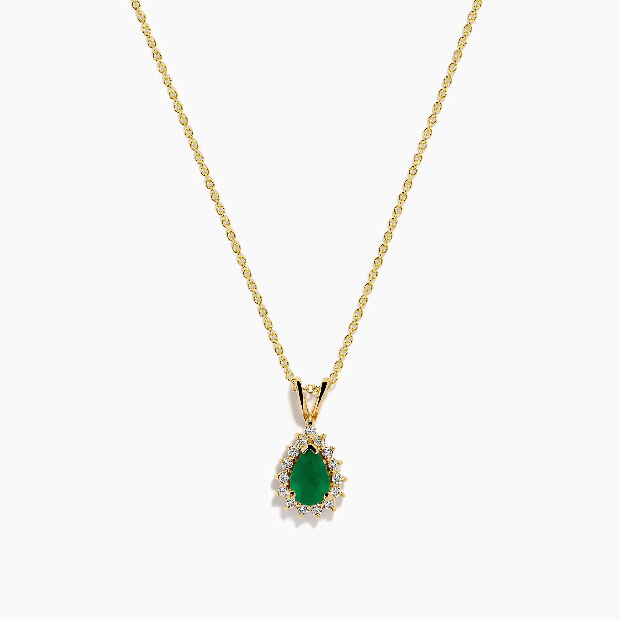The 14K Yellow Gold Emerald and Diamond Pear Halo Pendant features an emerald teardrop surrounded by a diamond halo, set on a gold chain.