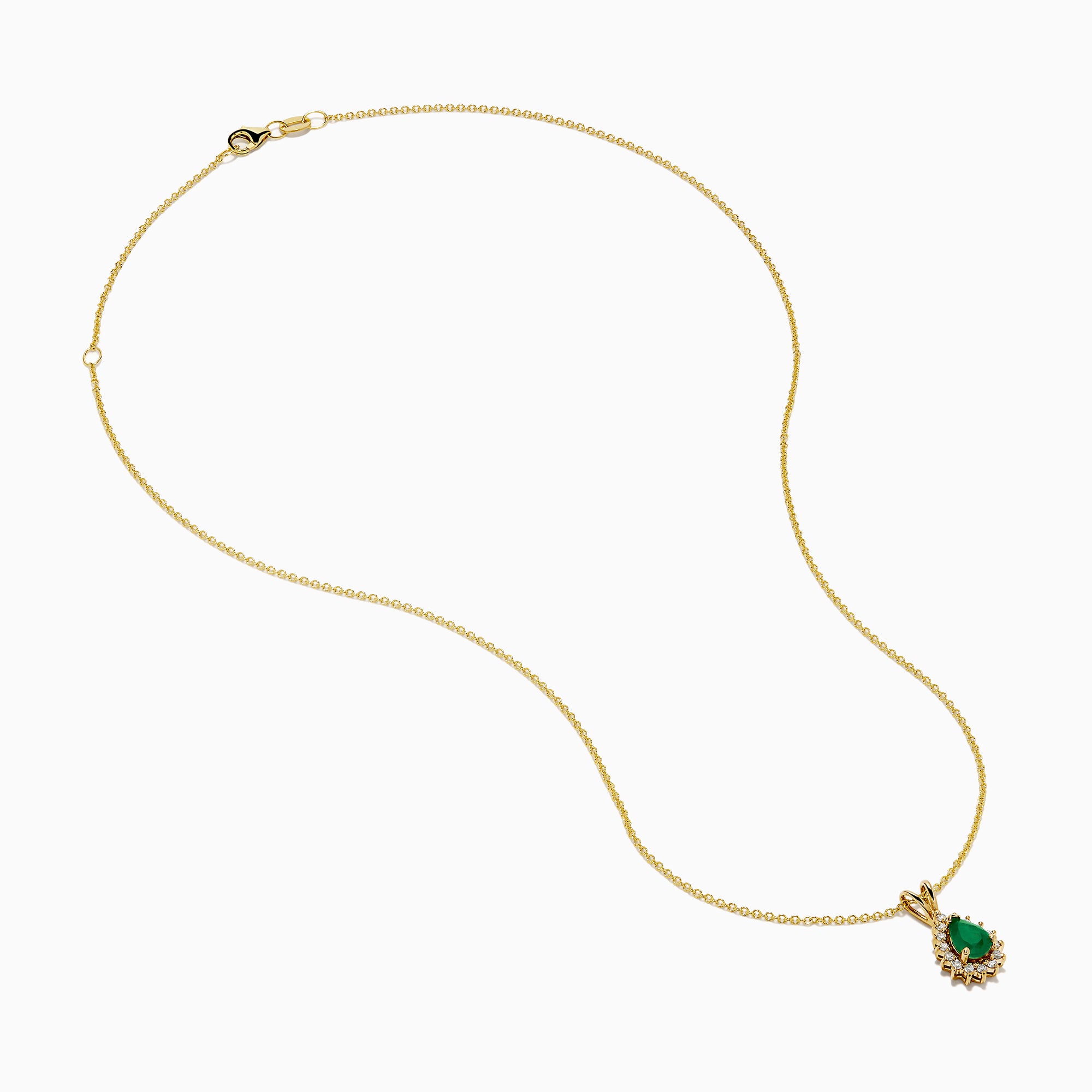 The 14K Yellow Gold Emerald and Diamond Pear Halo Pendant features an emerald teardrop surrounded by a diamond halo, set on a gold chain.