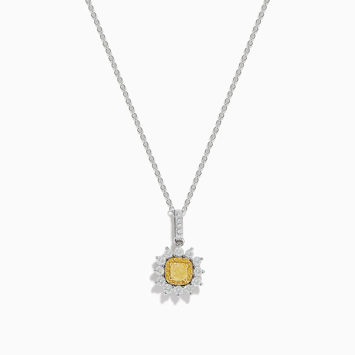 The Canare 18K Two Tone Gold White and Yellow Diamond Pendant features a yellow diamond framed by a halo of white diamonds, set on a fine chain.