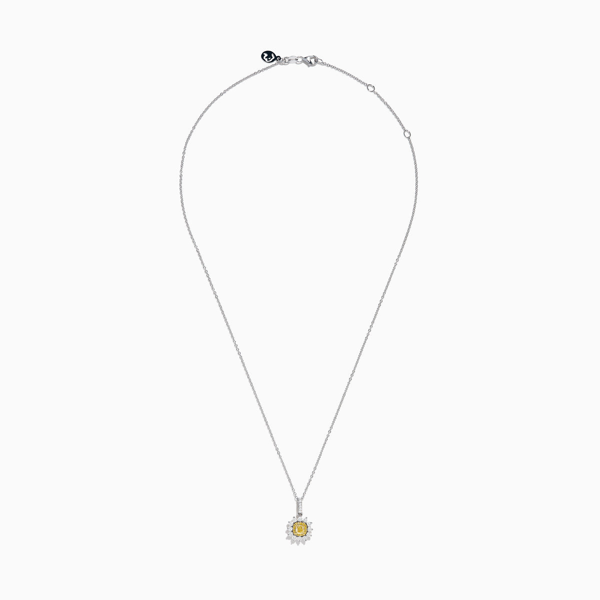 The Canare 18K Two Tone Gold White and Yellow Diamond Pendant features a yellow diamond framed by a halo of white diamonds, set on a fine chain.