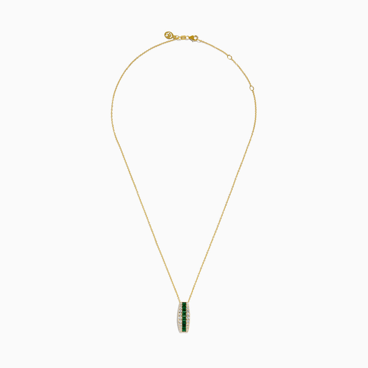 The 14K Yellow Gold Emerald and Diamond Pendant features a vertical row of emeralds flanked by diamonds, hanging from a delicate gold chain against a white background.
