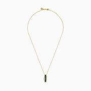 The 14K Yellow Gold Emerald and Diamond Pendant features a vertical row of emeralds flanked by diamonds, hanging from a delicate gold chain against a white background.