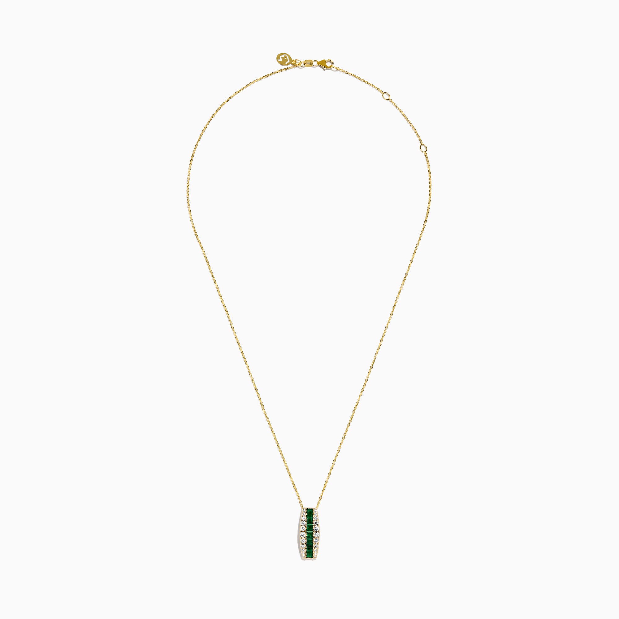 The 14K Yellow Gold Emerald and Diamond Pendant features a vertical row of emeralds flanked by diamonds, hanging from a delicate gold chain against a white background.