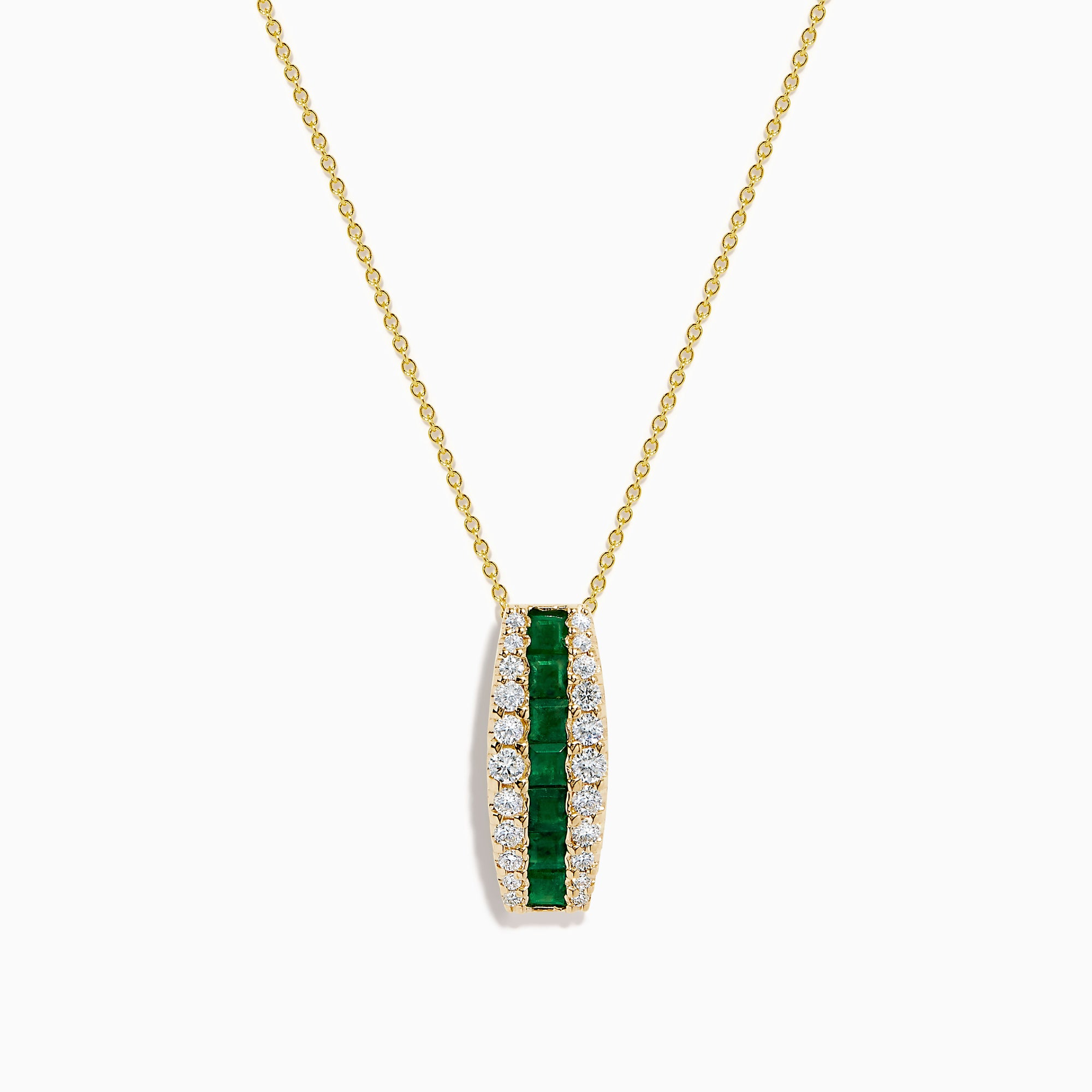 The 14K Yellow Gold Emerald and Diamond Pendant features a vertical row of emeralds flanked by diamonds, hanging from a delicate gold chain against a white background.