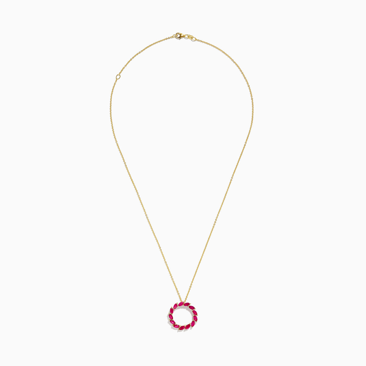The Ruby Royale 14K Yellow Gold Marquise Cut Ruby Circle Pendant features a circular design with marquise-cut rubies in a wreath-like arrangement.