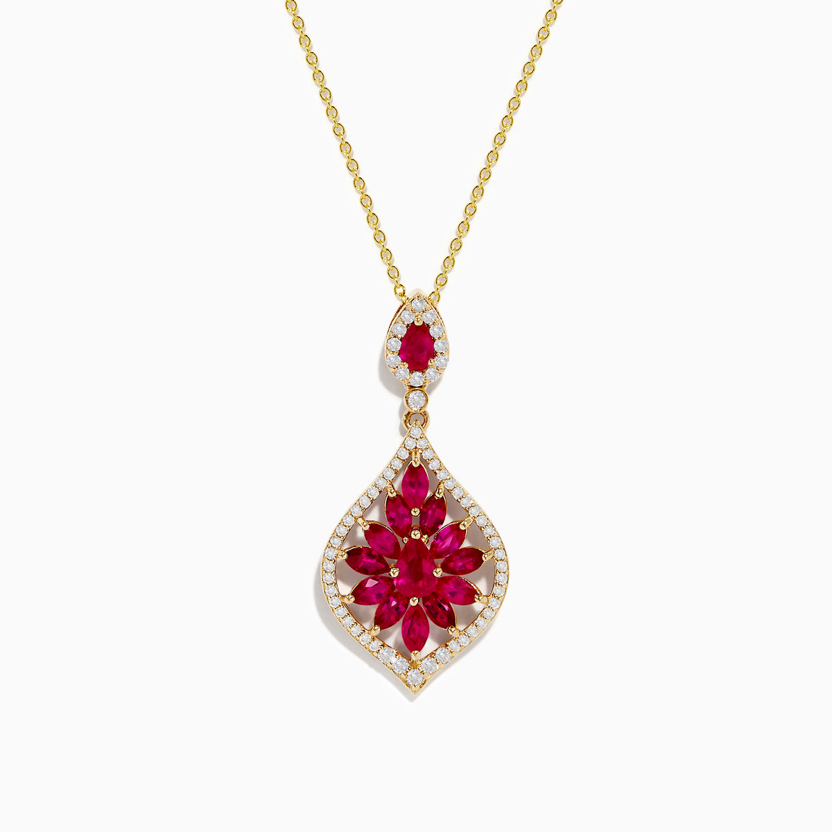 The Ruby Royale 14K Yellow Gold Ruby and Diamond Pendant features a teardrop ruby in a floral red gemstone pattern, accented with diamonds and an additional matching ruby above the main pendant.